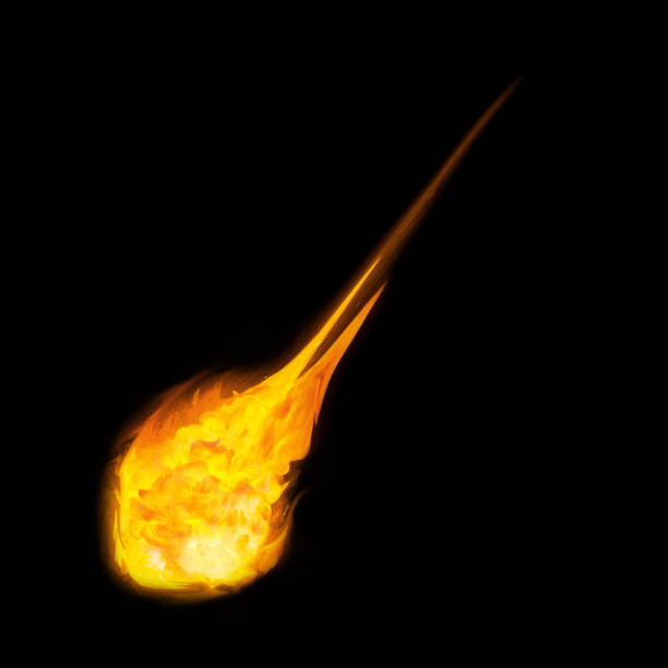 istock Fireball streaking across black sky. Comet moving in space. Asteroid with flame tail on black background 964243174