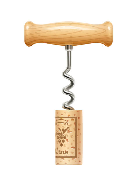 ilustrações de stock, clip art, desenhos animados e ícones de corkscrew with cork. device for open wine bottle. - wine bottle wine wood bottle stopper
