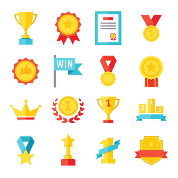 illustrazioni stock, clip art, cartoni animati e icone di tendenza di set di icone piatte premio, trofeo, coppa e medaglia - illustrazione a colori - badge illustrazioni