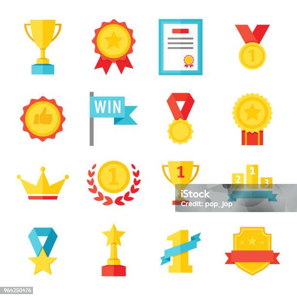 賞トロフィーカップメダル フラット アイコンを設定 カラー イラスト - 賞のベクターアート素材や画像を多数ご用意 - 賞, トロフィー, アイコン