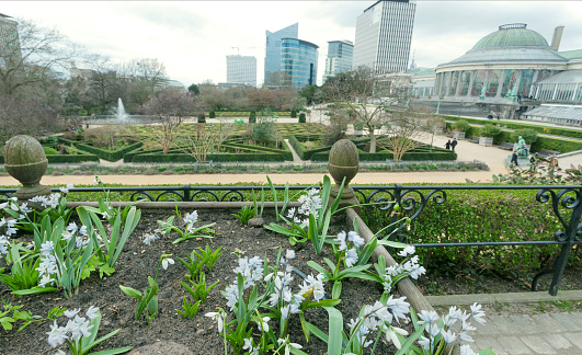 Brussels, Belgium - April 3, 2018: Flowers and green area around building Le Botanique with orangery, urban towers, garden on April 3, 2018. More than 1,200,000 people lives in Brussels