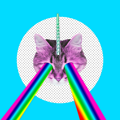 Pink cat with a unicorn horn emits a rainbow laser from eyes. Contemporary art collage. Concept of memphis style posters. Abstract minimalism