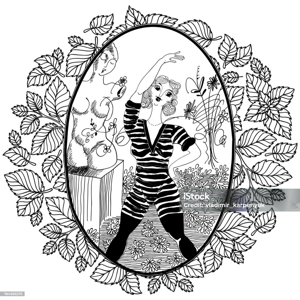 Pattern for coloring book for adult. Vintage girl doing morning exercises. Pattern for coloring book for adult. Vintage girl doing morning exercises. Set of illustrations. Active Lifestyle stock vector