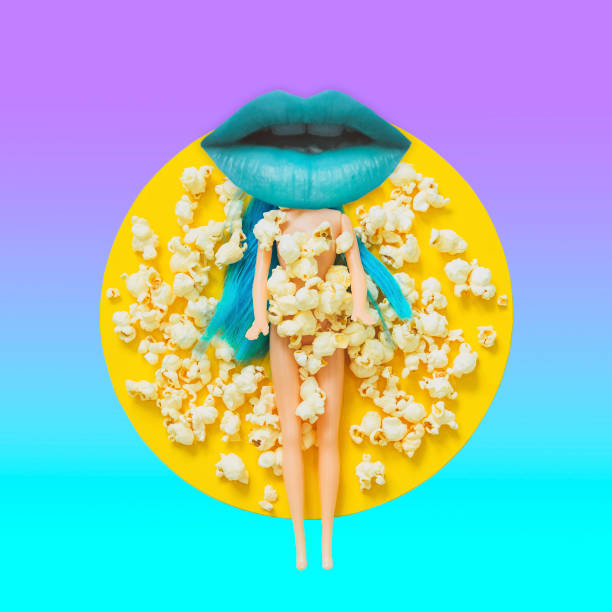 blue women's lip instead of a head of the doll among the popcorn - 3500 imagens e fotografias de stock