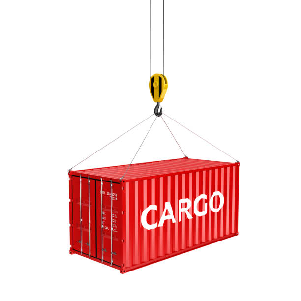 istock Cargo shipping container loading concept the crane lifts the container on white background 3d 964255438