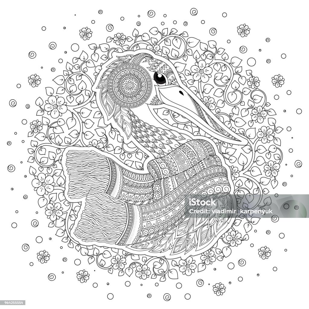 Stork, fantastic flowers, branches, leaves. Stork , fantastic flowers, branches, leaves. For anti stress Coloring Page for adults and children. Black White Bird collection. Set of illustration. Abstract stock vector