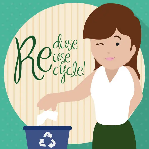 Vector illustration of Young Lady Winking at you for Proper Trash Sorting