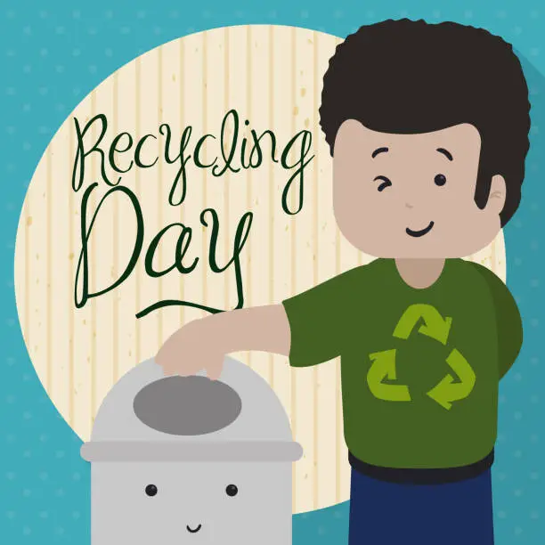 Vector illustration of Brunette Man with Bin, Winking at you for Recycling Day