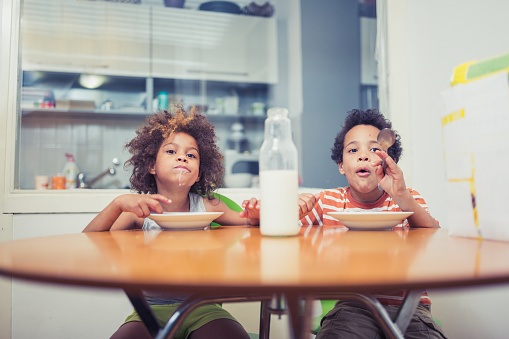 Cute mixed - race siblings having breakfast at home