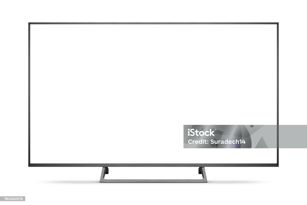 TV 4K flat screen lcd or oled, plasma realistic illustration, White blank HD monitor mockup. TV 4K flat screen lcd or oled, plasma realistic illustration, White blank HD monitor mockup, Modern video panel black flatscreen with clipping path Television Set Stock Photo