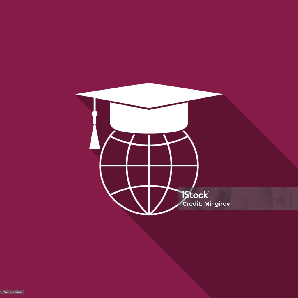 Graduation cap on globe icon isolated with long shadow. World education symbol. Online learning or e-learning concept. Flat design. Vector Illustration Icon Symbol stock vector