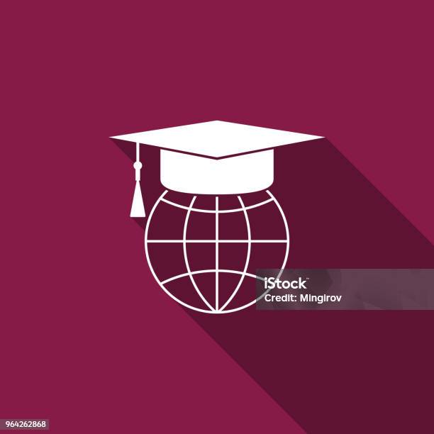 Graduation Cap On Globe Icon Isolated With Long Shadow World Education Symbol Online Learning Or Elearning Concept Flat Design Vector Illustration Stock Illustration - Download Image Now