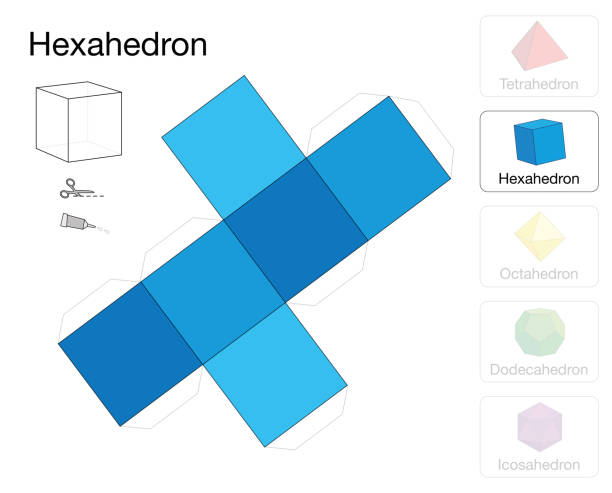 illustrazioni stock, clip art, cartoni animati e icone di tendenza di modello solido platonico hexahedron. modello di carta di un cubo, uno dei cinque solidi platonici, per realizzare un lavoro artigianale tridimensionale dalla rete quadrata blu. - hexahedron