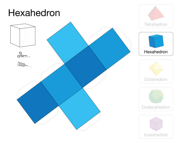 육면체 플라톤 고체 템플릿입니다. 종이 모델 큐브, 3 차원 수공예 작업의 파란색 사각형 그물을 5 개의 플라톤 고체 중 하나입니다. - hexahedron stock illustrations