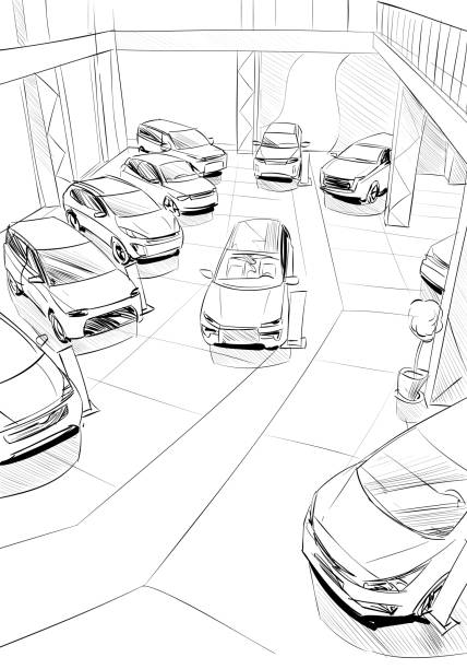 Car showroom exterior design sketch. Hand drawn vector illustration Car showroom exterior design sketch. Hand drawn vector illustration car sketches stock illustrations