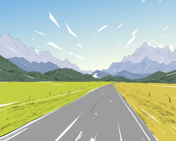 Vector illustration of New Zealand.Road among the mountains. Beautiful landscape. Hand drawn vector illustration.
