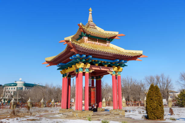 Prayer wheel inside the pagoda in Buddhist complex Golden Abode of Buddha Shakyamuni in spring. Elista. Kalmykia. Russia