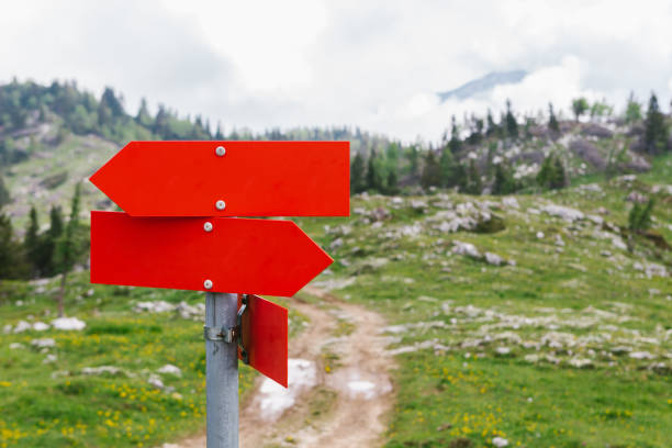 Red Signpost, blank and empty direction sign in the mountains, European Alps, Copy space