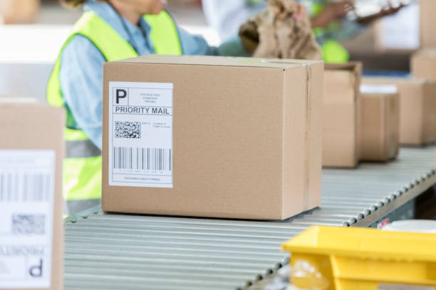 distribution warehouse workers send out packages - post processing imagens e fotografias de stock