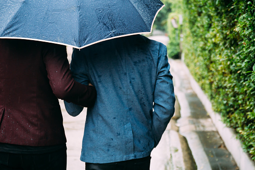 Gay couple holding umbrella and hands together. Back of homosexual men walking in the rain
