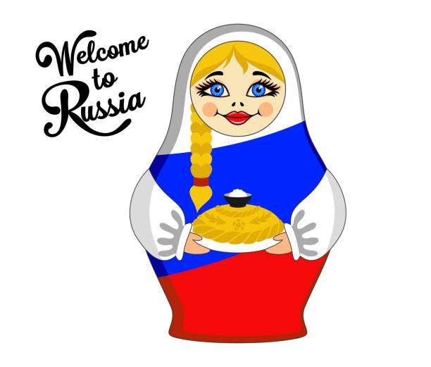 illustrations, cliparts, dessins animés et icônes de poupée de nidification avec pain et du sel. - figurine russian nesting doll russia russian culture