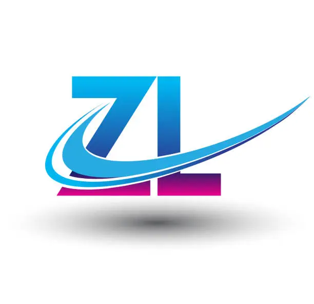 Vector illustration of initial letter logotype company name colored blue and magenta swoosh design.