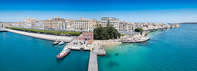 Panoramic view of Ortygia, Syracuse, Sicily. Photo taken with drone.