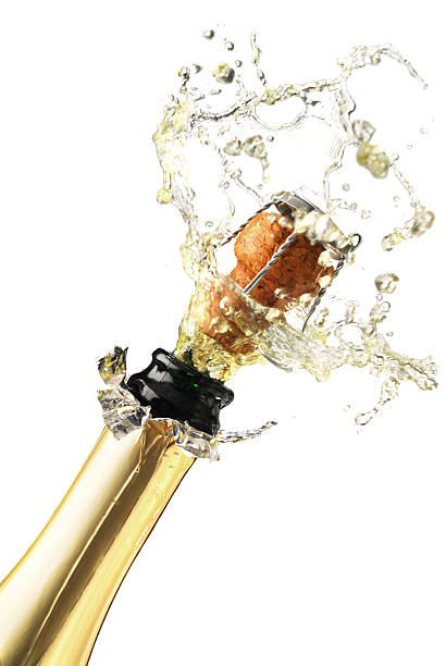 istock Neck of champagne bottle with cork and bubbles coming out 96430821