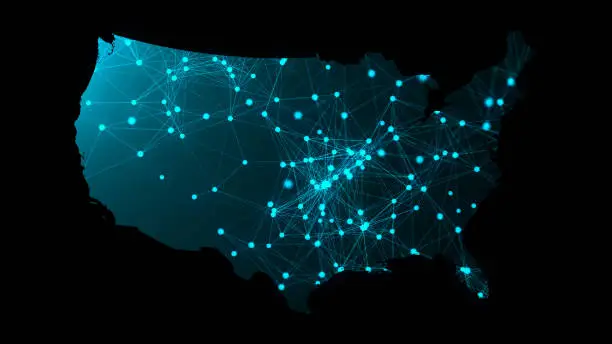 USA map with many network connections, 3d rendering computer generated background