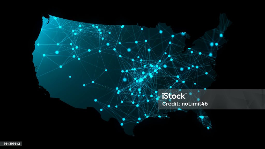 Mapa dos EUA com muitas conexões de rede, cenário de geradas por computador de renderização 3d - Foto de stock de Mapa royalty-free