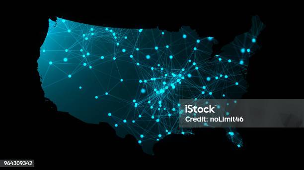 Foto de Mapa Dos Eua Com Muitas Conexões De Rede Cenário De Geradas Por Computador De Renderização 3d e mais fotos de stock de Mapa