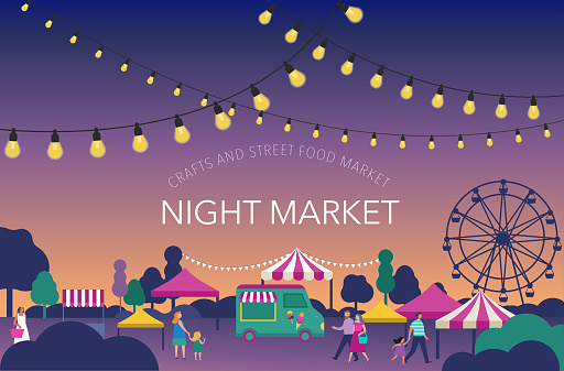 Night market, Summer fest, food street fair, family festival poster and banner