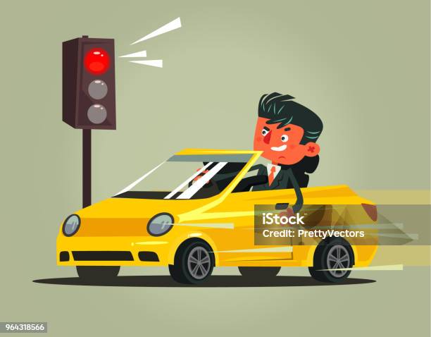 Angry Bad Rushing Driver Auto Car Man Character Braking Violation Low Rules And Riding On Red Traffic Light Transportation Automobile Driving Problems Accident Flat Cartoon Illustration Graphic Design Concept Stock Illustration - Download Image Now