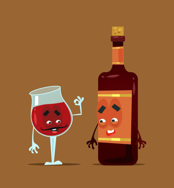 flasche rotwein und glas beste freunde. alkohol party flach cartoon illustration grafik-design konzept element - spree stock-grafiken, -clipart, -cartoons und -symbole