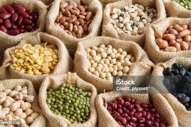 Various Of Legumes In Sack Bag Stock Photo - Download Image Now - Legume Family, Vegetable, Bean