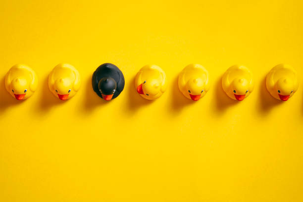 istock Be Different - Rubber ducks on yellow - Background Individuality Ideas 964329062