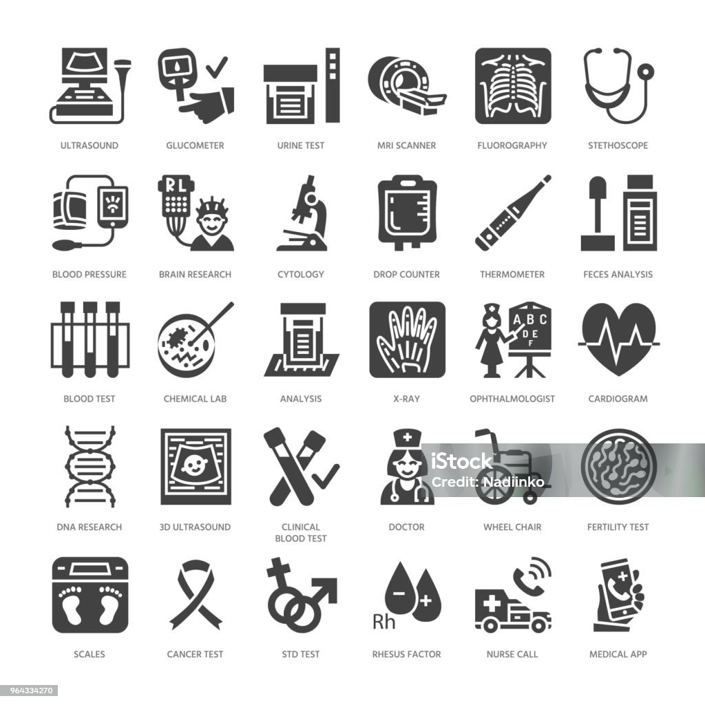 Medical check up, flat glyph icons. Health diagnostics equipment - mri, tomography, glucometer, stethoscope, blood pressure, x-ray, blood test. Hospital signs. Solid silhouette pixel perfect 64x64 Medical check up, flat glyph icons. Health diagnostics equipment - mri, tomography, glucometer, stethoscope, blood pressure x-ray, blood test. Hospital signs. Solid silhouette pixel perfect 64x64. Icon Symbol stock vector