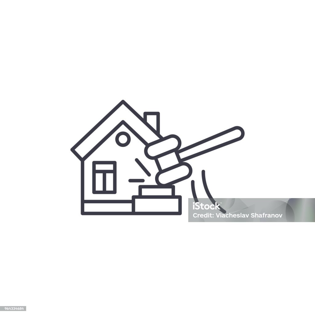 Concepto de icono lineal Subasta inmobiliaria. Real estate subasta línea vector de señal, símbolo, Ilustración. - arte vectorial de Embargo hipotecario libre de derechos