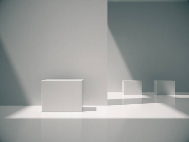 istock Pedestal for display,Platform for design,Blank product,White room and lateral lights.3D rendering. 964343012