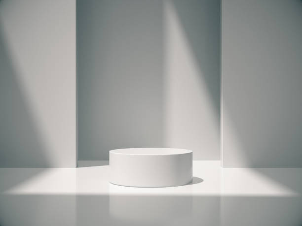 istock Pedestal for display,Platform for design,Blank product,White room and lateral lights.3D rendering. 964343056