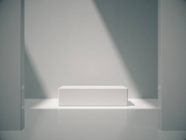 istock Pedestal for display,Platform for design,Blank product,White room and lateral lights.3D rendering. 964343122