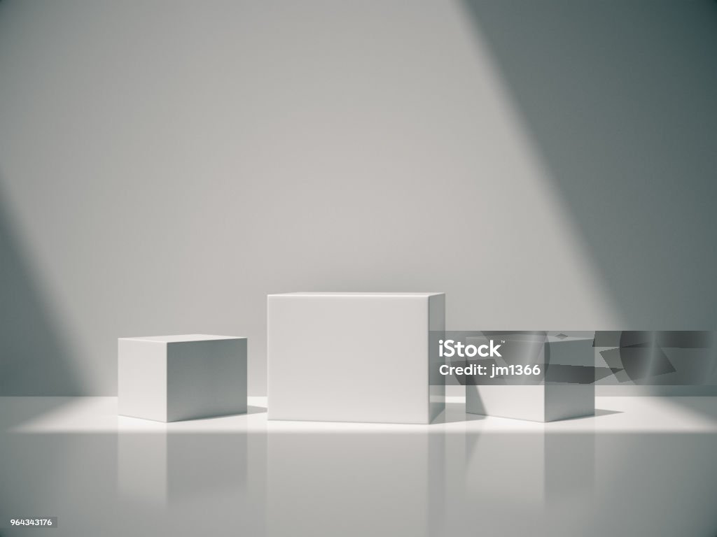 Pedestal for display,Platform for design,Blank product,White room and lateral lights.3D rendering. White Color Stock Photo