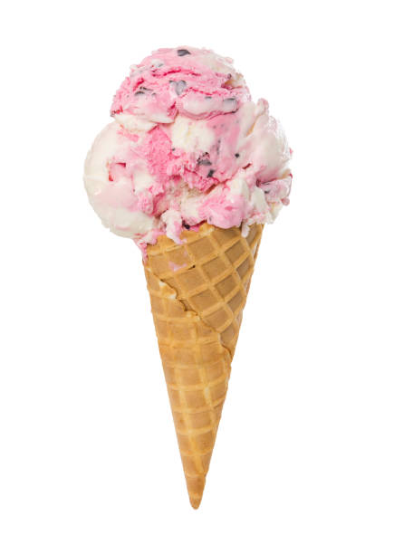 Vanilla-strawberry ice cream in waffle cone isolated on white background.
