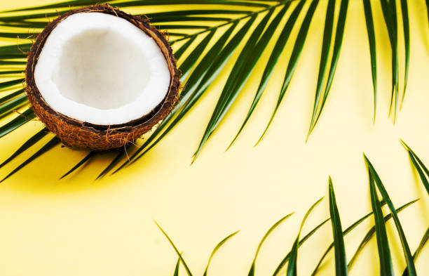 istock Coconut halves and leaves on yellow background 964357996
