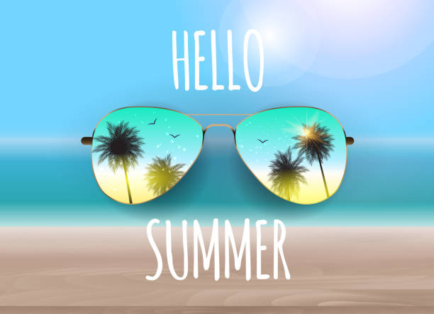 Hello Summer Background with Glass and Palm. Vector Illustration Hello Summer Background with Glass and Palm. Vector Illustration EPS10 sun borders stock illustrations