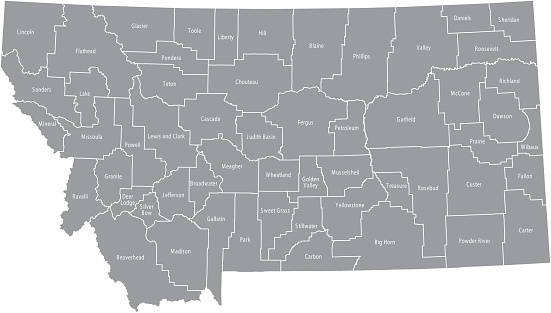 Montana county map vector outline gray background. Map of Montana state of USA with counties borders and names labeled