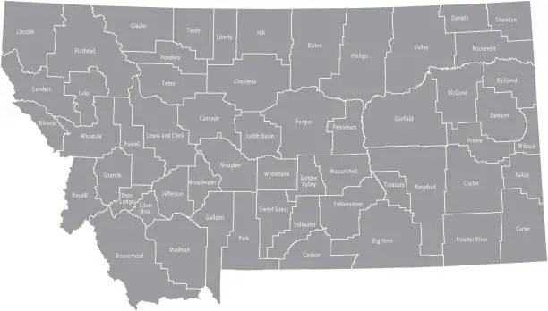 Vector illustration of Montana county map vector outline gray background. Map of Montana state of USA with counties borders and names labeled