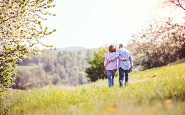 Photo of Senior couple walking arm in arm outside in spring nature.