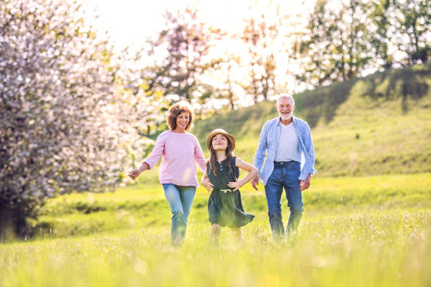 istock Senior couple with grandaughter outside in spring nature. 964368772