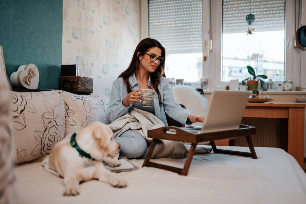 istock Beautiful woman sitting on sofa and using laptop. 964369768